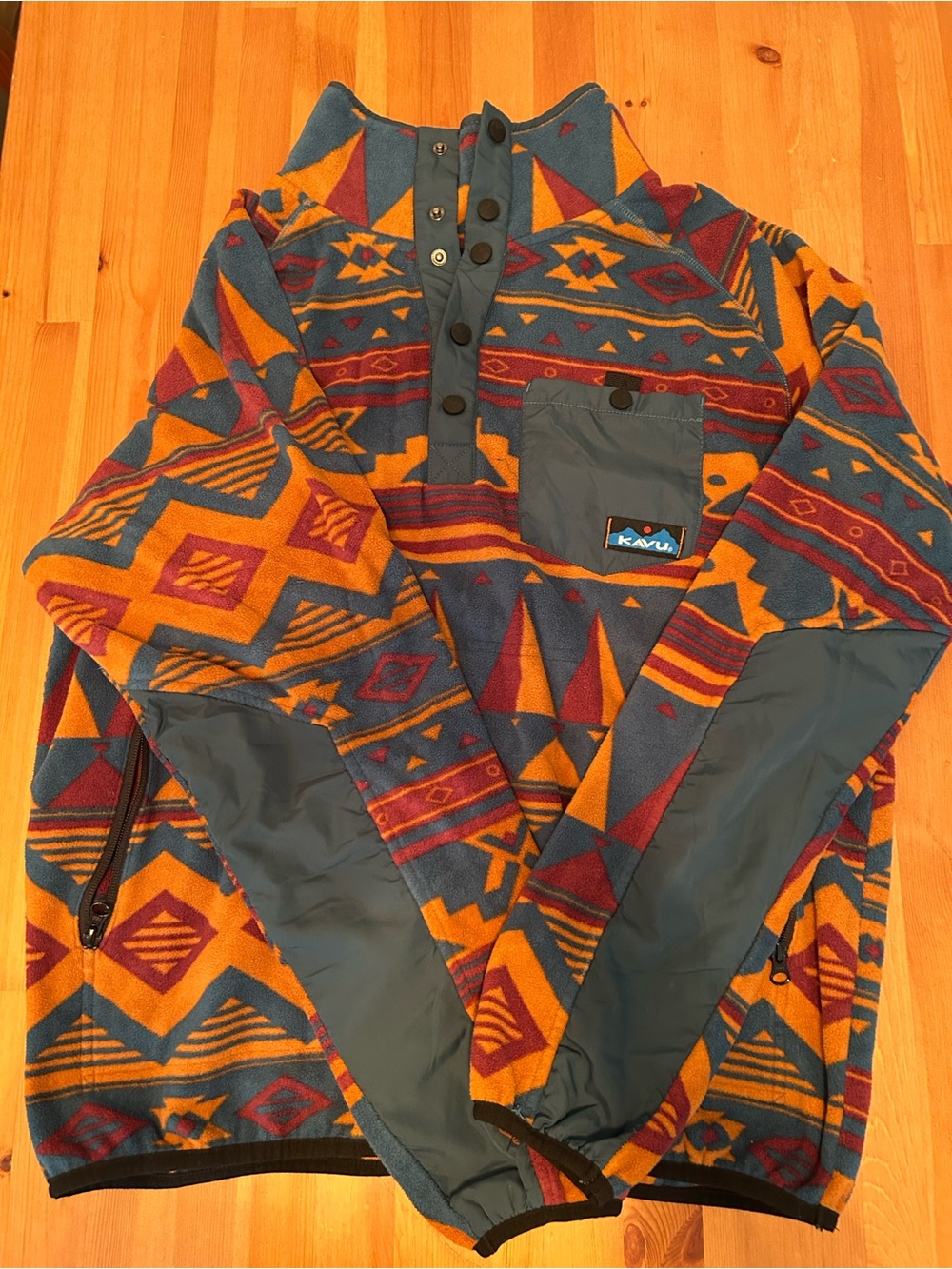 Kavu Men's Pullover Fleece in Teal, Mustard, and Maroon Aztec Print
